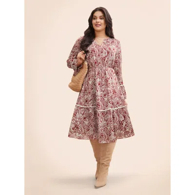 Bloomchic Women's Plus Size Bandana Woven Ribbon Bell Sleeve Dress Scarlet Bohemian Print Midi Vacation Woven  In Red