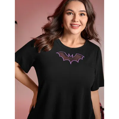 Bloomchic Women's Plus Size Bat Neck Cut-out Stretchy Embroidered T-shirt Black Non Casual Short Sleeve 28/5x