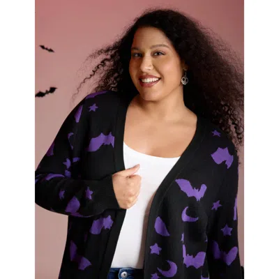 Bloomchic Women's Plus Size Bat Printed Jacquard Cardigan Black Long Sleeve 12/l