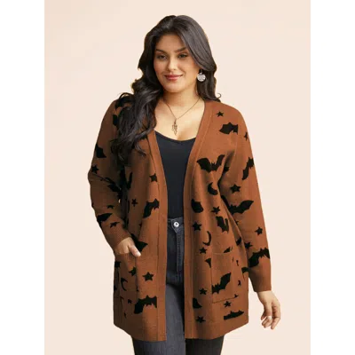 Bloomchic Women's Plus Size Bat Printed Jacquard Cardigan Yellowishbrown Long Sleeve 30/6x
