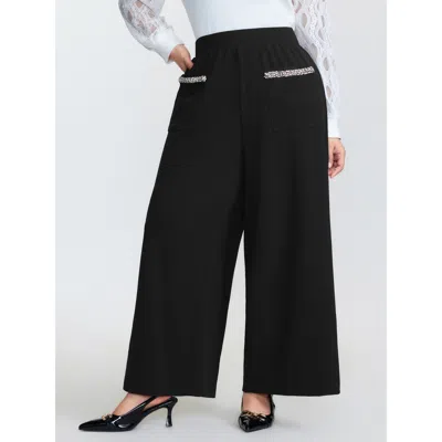 Bloomchic Women's Plus Size Bead Detail Pockets Pull-on Pants Black Synthetic Texture Wide Leg High Rise Elega
