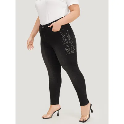 Bloomchic Women's Plus Size Beaded Detail Pocket Very Stretchy Black Wash Jeans Black Plain Beaded High Stretc