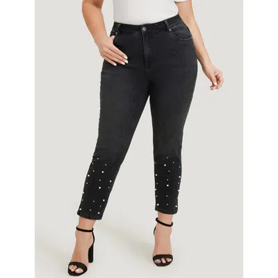 Bloomchic Women's Plus Size Beaded Detail Pocket Very Stretchy Black Wash Jeans Dimgray Plain Beaded High Stre