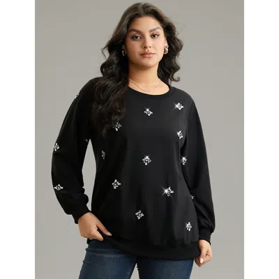 Bloomchic Women's Plus Size Beaded Floral Elastic Cuffs Sweatshirt Black Plain Dailywear 10/m