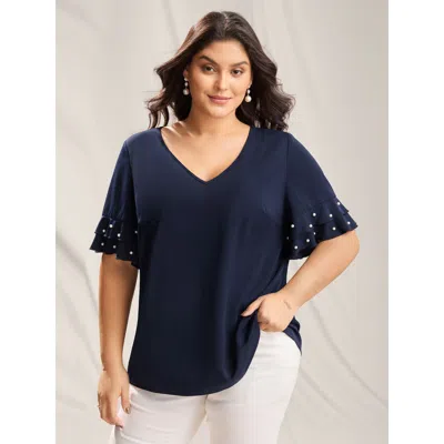 Bloomchic Women's Plus Size Beaded Layered Sleeve Plain Blouse Indigo Solid Elegant Short Sleeve V-neck 10/m In Purple