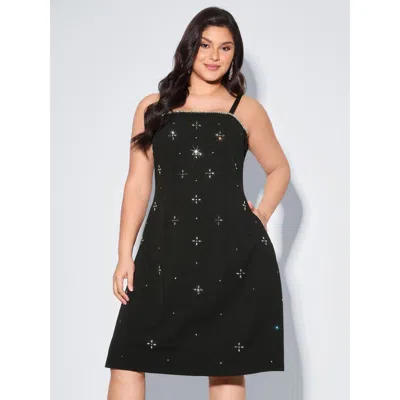 Bloomchic Women's Plus Size Beaded Sleeveless Pocket Mini Dress Pureblack Party Midi Rhinestone Detailing Squa