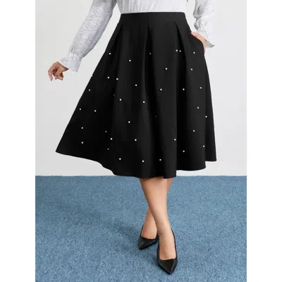 Bloomchic Women's Plus Size Beadwork Pleated Solid Midi Skirt Black Ruched A-line Elegant 10/m