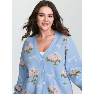 Bloomchic Women's Plus Size Beautiful Floral Bow Pattern Jacquard Knit Cardigan Lightblue Long Sleeve V-neck 1 In Blue