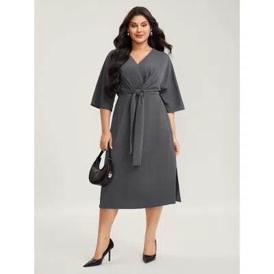 Bloomchic Women's Plus Size Belt Knotted-front Waist-cinching Midi Dress Dimgray Non Midi Office Overlapping 2