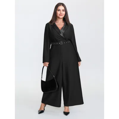 Bloomchic Women's Plus Size Belted Contrast Collar Plain Jumpsuit Black Office 22-24/3x
