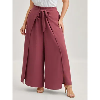 Bloomchic Women's Plus Size Belted Front Overlap Wide-leg Pants Beanpastepowder Non Wide Leg Mid Rise Elegant 