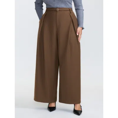 Bloomchic Women's Plus Size Belted Side Pleated Adjustable Pants Yellowishbrown Non Wide Leg Mid Rise Office 1