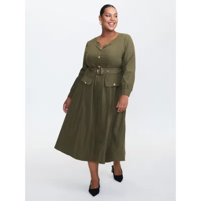 Bloomchic Women's Plus Size Belted Waist Buttons Pockets Midi Dress Armygreen Non Midi Office 10/m