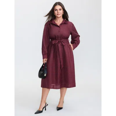 Bloomchic Women's Plus Size Belted Waist Textured Shirt Midi Dress Burgundy Plaid Midi Office 22-24/3x