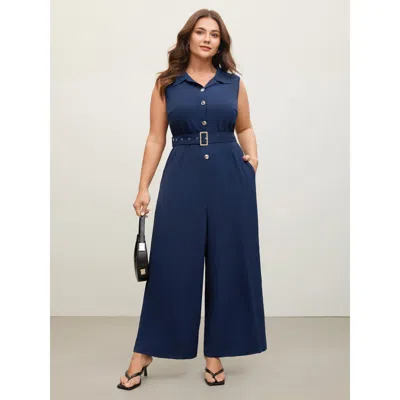 Bloomchic Women's Plus Size Belted Waist-cinched Wide-leg Jumpsuit Indigo Office 30/6x In Purple