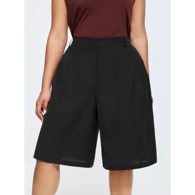 Bloomchic Women's Plus Size Bermuda Pleated Solid Pocket Shorts Pureblack Elegant Wide Leg Non Shorts 28/5x