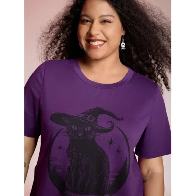 Bloomchic Women's Plus Size Bewitched Cat Printed Crew Neck T-shirt Deeppurplered Non Casual Short Sleeve 14-1