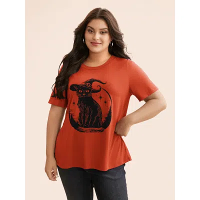 Bloomchic Women's Plus Size Bewitched Cat Printed Crew Neck T-shirt Rust Non Casual Short Sleeve 14-16/1x In Brown