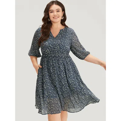 Bloomchic Women's Plus Size Bird Print Notched Shirred Lantern Sleeve Dress Blue Office Elastic Cuffs 30/6x