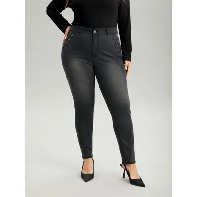 Bloomchic Women's Plus Size Black Wash Button Detail Skinny Jeans Dimgray Plain Plain High Stretch 10/m