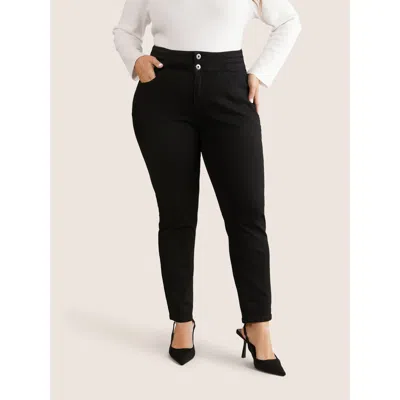 Bloomchic Women's Plus Size Black Wash Button Through Skinny Jeans Black Plain Plain High Stretch 10/m