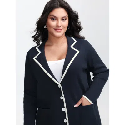 Bloomchic Women's Plus Size Blazer Collar Pockets Color Contrast Knit Cardigan Midnight Long Sleeve 14-16/1x In Blue