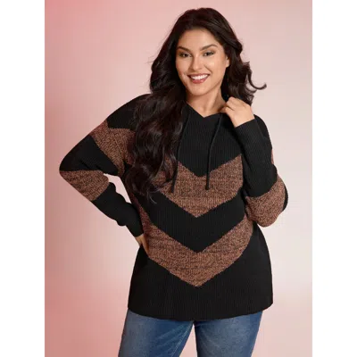 Bloomchic Women's Plus Size Blended Yarn Colorblock Hooded Pullover Black Long Sleeve 14-16/1x