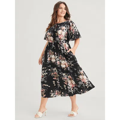 Bloomchic Women's Plus Size Bloom Dress - Floral Keyhole Round Neck Pocket Ruffles Midi Dress Black Floral Dai