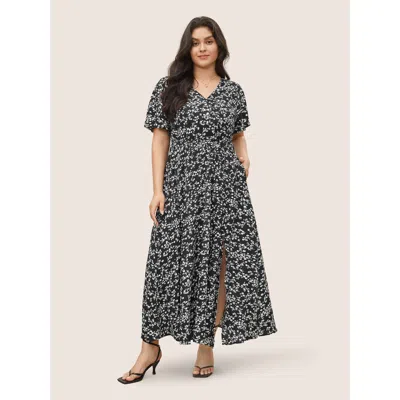 Bloomchic Women's Plus Size Bloom Dress - Flutter Sleeve Ditsy Floral Pocket Split Maxi Dress Black Ditsy Flor