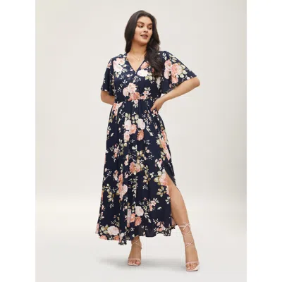 Bloomchic Women's Plus Size Bloom Dress - Flutter Sleeve Ditsy Floral Pocket Split Maxi Dress Darkblue Ditsy F In Blue