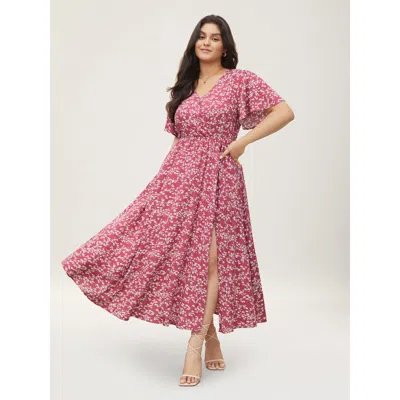Bloomchic Women's Plus Size Bloom Dress - Flutter Sleeve Ditsy Floral Pocket Split Maxi Dress Dustypink Ditsy  In Pink