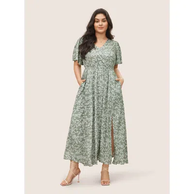 Bloomchic Women's Plus Size Bloom Dress - Flutter Sleeve Ditsy Floral Pocket Split Maxi Dress Lightgreen Ditsy