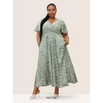 Bloomchic Women's Plus Size Bloom Dress - Flutter Sleeve Ditsy Floral Pocket Split Maxi Dress Palemauve Ditsy 