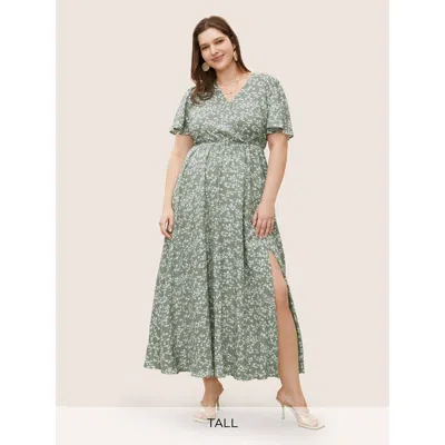 Bloomchic Women's Plus Size Bloom Dress - Flutter Sleeve Ditsy Floral Pocket Split Maxi Dress Palemauve Ditsy 
