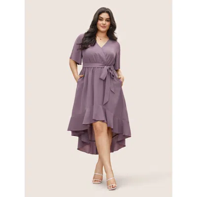 Bloomchic Women's Plus Size Bloom Dress - Solid Tie Surplice Ruffle High Low Dress Plum Solid Midi Elegant Lac In Purple