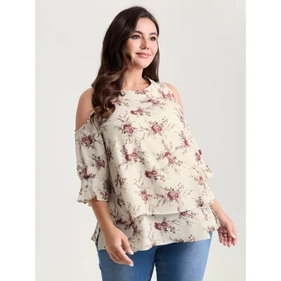 Bloomchic Women's Plus Size Blooming Floral Layered Hem Cut-out Shoulder Blouse Apricot Floral Elegant 3/4 Sle In Orange