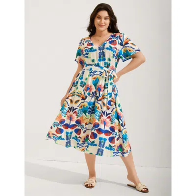 Bloomchic Women's Plus Size Blooming Florals V-neck Pockets Midi Dress Multicolor Ditsy Floral Midi Vacation L