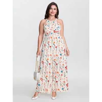 Bloomchic Women's Plus Size Blooming Florals Waist-tie Jumpsuit Whitesmoke Elegant 14-16/1x