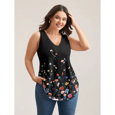Bloomchic Women's Plus Size Blooming Flowers Print Stretchy Vest Black Elegant Relaxed Fit A-line V-neck 10/m