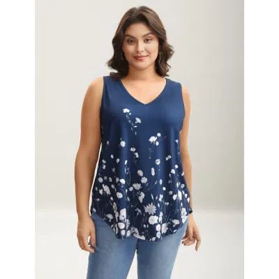 Bloomchic Women's Plus Size Blooming Flowers Print Stretchy Vest Indigo Elegant Relaxed Fit A-line V-neck 28/5 In Purple
