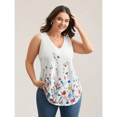 Bloomchic Women's Plus Size Blooming Flowers Print Stretchy Vest Whitesmoke Elegant Relaxed Fit A-line V-neck 