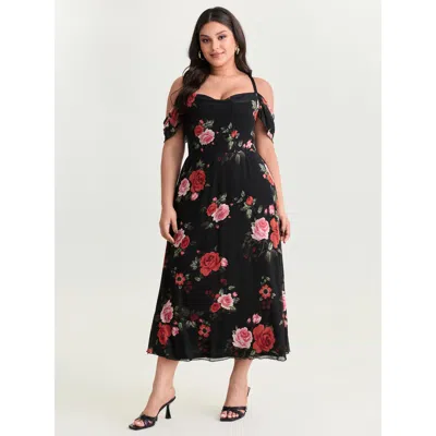 Bloomchic Women's Plus Size Blooming Rose Cold-shoulder Maxi Dress Black Floral Maxi Elegant Backless 10/m