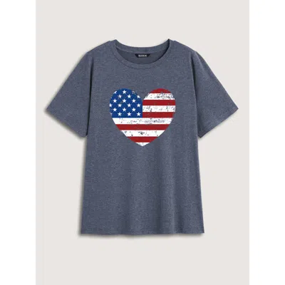 Bloomchic Women's Plus Size Blue And Red Heart Crew Neck T-shirt Indigo Non Casual Short Sleeve 12/l In Purple