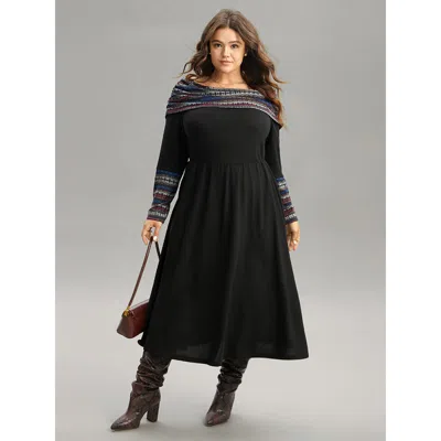 Bloomchic Women's Plus Size Boat Neck Striped Contrast Gathered Dress Black Office Gathered 12/l