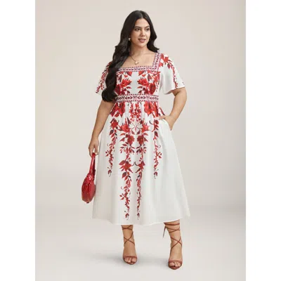 Bloomchic Women's Plus Size Bohemian Floral Print Stretchy Waist Midi Dress Originalwhite Botanical Midi Vacat