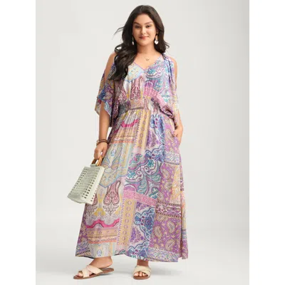 Bloomchic Women's Plus Size Boho Collage Off-shoulder Maxi Dress Multicolor Paisley Maxi Vacation Smocked 10/m