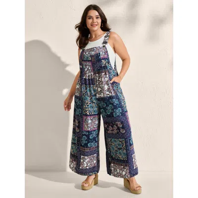 Bloomchic Women's Plus Size Boho Collage Patchwork Front Pockets Jumpsuit Multicolor Vacation Relaxed Fit 28/5