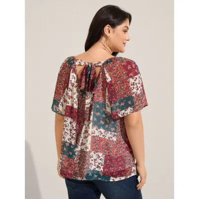 Bloomchic Women's Plus Size Boho Collage Print Backless Tie Blouse Multicolor Color Block Vacation Short Sleev