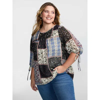 Bloomchic Women's Plus Size Boho Collage Print Sleeve-tie Blouse Black Color Block Vacation 3/4 Sleeve Round N