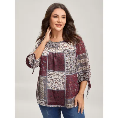 Bloomchic Women's Plus Size Boho Collage Print Sleeve-tie Blouse Multicolor Color Block Vacation 3/4 Sleeve Ro